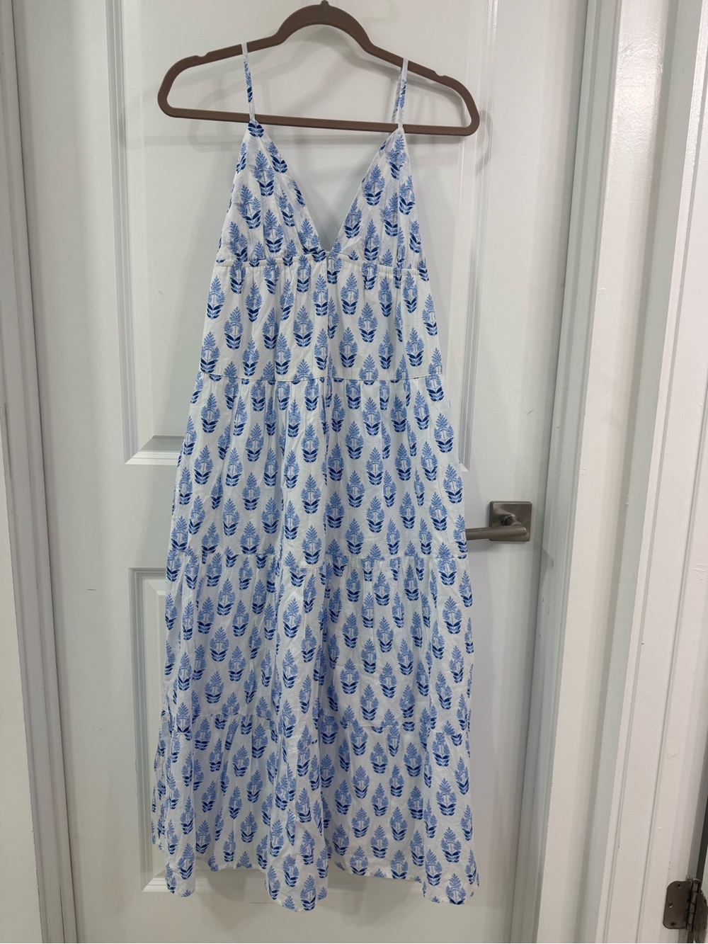 Spaghetti-Strap White Maxi Dress with Blue Floral Print - Picture 2 of 5